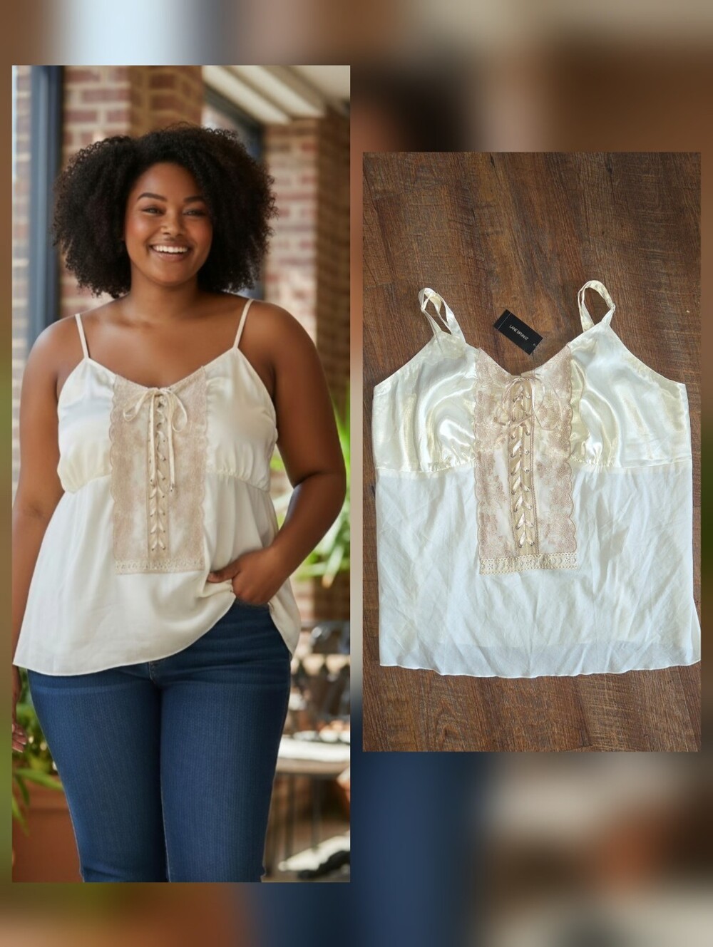 Y2K Venezia Satin Lace Cami Tank Corset Style Ivory Size 16 1X Lane Bryant NOS